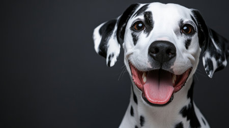 This image features a cheerful Dalmatian dog with a big smile, showcasing its unique black and white spots against a dark background, perfect for pet and animal-themed projects.の素材