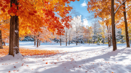 A stunning winter scene featuring vibrant autumn colors against a snowy landscape. Bright orange and red leaves contrast with white snow under a sunny sky.の素材