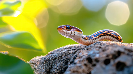 A vibrant snake rests on a rock, showcasing striking colors against a blurred green backdrop. The image captures the beauty of wildlife in its natural habitat.の素材