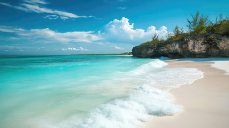 Experience the beauty of a serene tropical beach with clear blue water, soft white sands, and gentle waves under a bright sky with fluffy clouds.の素材