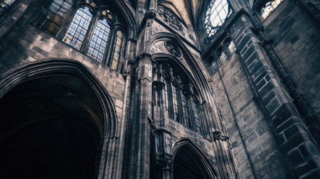 Explore the grandeur of gothic architecture with stunning arched windows, intricate stone walls, and enchanting play of light and shadow. Ideal for cultural and historical themes.の素材