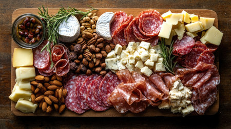 A beautifully arranged gourmet charcuterie board featuring various cheeses, cured meats, nuts, and fresh herbs. Perfect for gatherings, parties, or picnics.の素材