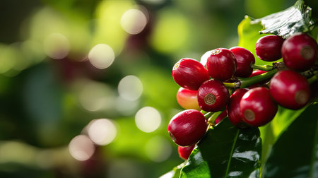 Close-up image of fresh red coffee cherries growing on a branch, surrounded by lush green leaves and soft bokeh, showcasing the beauty of coffee agriculture.の素材