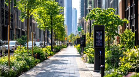 A vibrant urban street lined with lush greenery and smart charging stations, inviting pedestrians to explore a modern, eco-friendly environment in the heart of the city.の素材