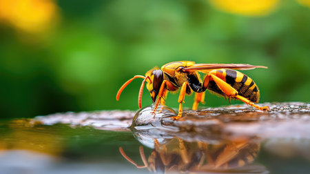 A vivid close-up captures a colorful wasp drinking water on a leaf surface. The image showcases intricate details of nature and the insect's vividly patterned body.の素材