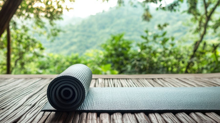 A rolled yoga mat rests on a natural wood deck, surrounded by lush greenery. This serene setting invites relaxation and mindfulness for personal wellness journeys.の素材