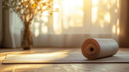 A serene indoor yoga space featuring a rolled mat bathed in warm sunlight, perfect for relaxation and mindfulness practices. Ideal for wellness themes.の素材