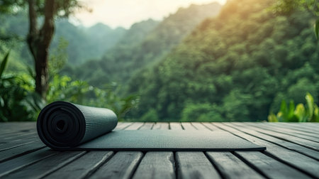 A tranquil scene featuring a yoga mat placed on a wooden deck amid lush greenery. This inspiring setting invites relaxation and mindfulness through nature.の素材