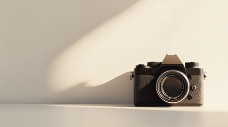 A vintage camera rests on a minimalist surface, beautifully illuminated by soft daylight. The gentle shadows create an artistic composition, ideal for photography enthusiasts.の素材