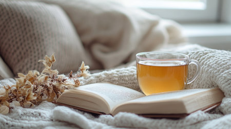 A serene indoor scene featuring a warm cup of tea resting on an open book atop a soft blanket, surrounded by decorative dried flowers, ideal for relaxation.の素材