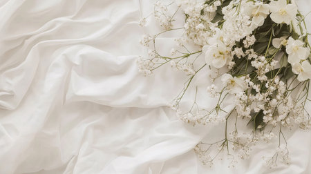 A stunning arrangement of white flowers rests on a soft silk fabric, creating a serene and elegant atmosphere. Perfect for wedding or event decor.の素材