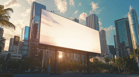 A large modern billboard stands in a vibrant urban landscape under a sunset sky. Skyscrapers surround the advertising space, highlighting city life and architecture.の素材