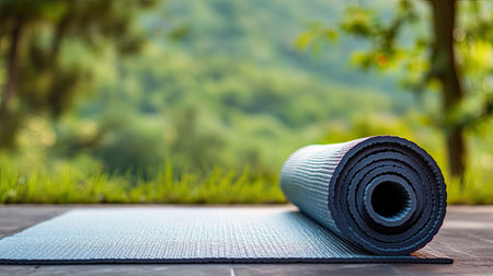 A tranquil yoga mat lays flat on the ground in a serene outdoor setting. The background features lush greenery and soft sunlight, perfect for yoga practice or meditation.の素材
