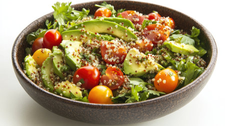 A vibrant quinoa salad featuring creamy avocado slices and assorted cherry tomatoes, perfect for a healthy meal or side dish. Enjoy fresh flavors!の素材
