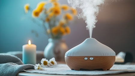 A serene scene featuring an aromatherapy diffuser releasing gentle steam. Enhanced by a candle and flowers, this image evokes a tranquil and cozy atmosphere.の素材