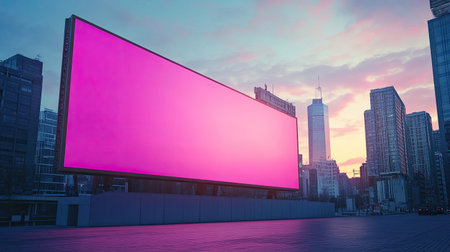 A vacant billboard stands in an urban landscape at sunset, surrounded by skyscrapers and a vivid pink sky, offering an ideal space for advertising or creative projects.の素材