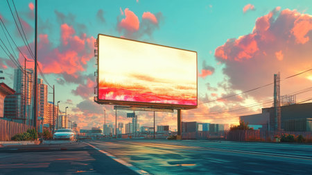 A serene city scene featuring a colorful sunset sky and an empty billboard. The vibrant clouds and urban setting create a tranquil atmosphere perfect for exploration.の素材