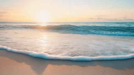 A tranquil beach scene showcasing soft waves lapping at the shore during a stunning sunset. The serene colors reflect a peaceful atmosphere perfect for relaxation.の素材