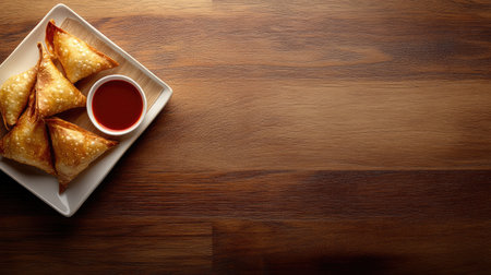 Delight in these crispy golden samosas served with tangy dipping sauce on a wooden table. Perfect for snacks, parties, or gatherings!の素材