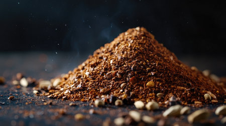 A detailed closeup of a mound of dark brown spice, conveying richness in texture and aroma. Soft light highlights the dusty particles, enhancing its culinary appeal.の素材