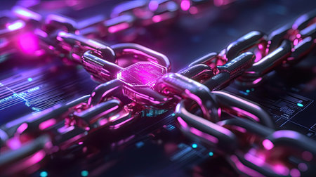Glowing metal chain links form a futuristic design, symbolizing technology and security. The vibrant neon colors create a striking visual against a dark circuitry background, evoking innovation.の素材