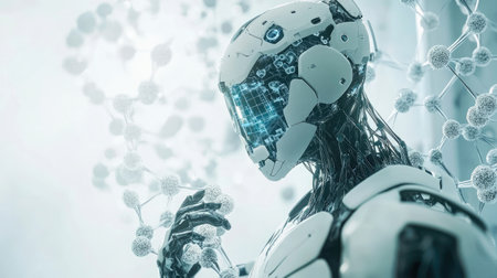 This image features a futuristic robot with a transparent structure, surrounded by molecular visuals. It represents the intersection of technology, biology, and innovation.の素材