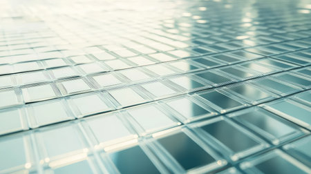 A close-up view of a textured glass surface featuring a reflective grid pattern, showcasing intricate details and a modern aesthetic in soft lighting.の素材