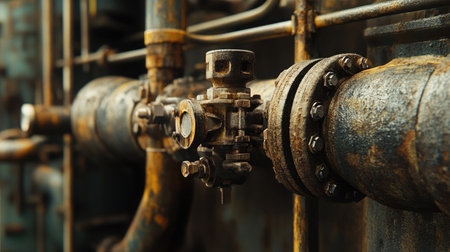 Close-up view of an intricate industrial pipe system showing rust and weathered metal. The image highlights the textures and connections of machinery in a factory setting.の素材