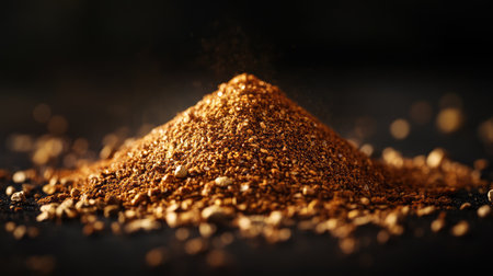 A stunning close-up of a rich brown spice pile showcasing texture and color against a dark background, ideal for culinary or recipe-themed projects.の素材