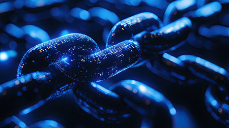 This striking image features futuristic glowing blue chain links, symbolizing digital connectivity and technology. Ideal for themes of blockchain and innovation.の素材