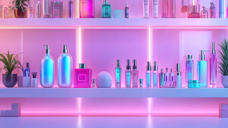 A vibrant arrangement of skincare bottles on contemporary shelves, showcasing beauty products under soft lighting. Ideal for health and wellness themes.の素材