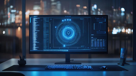 A sleek computer monitor showcases an intricate data visualization in a modern workspace overlooking a vibrant city skyline at night.の素材