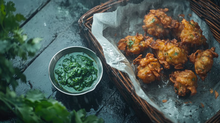 Crispy vegetable fritters served with vibrant green chutney, highlighting fresh herbs. A perfect snack idea for gatherings or personal treats.の素材