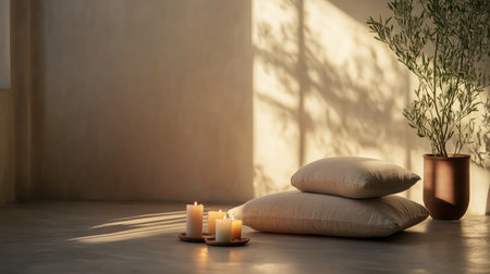 This serene meditation space features soft pillows and flickering candles, creating a warm and inviting atmosphere perfect for relaxation and mindfulness.の素材