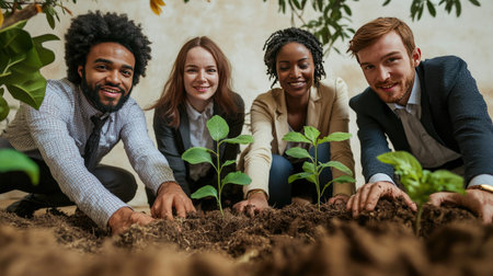A diverse group of young people engages in planting seeds in a community garden. Their collaborative effort promotes environmental care and sustainable growth while showcasing teamwork and friendship.の素材