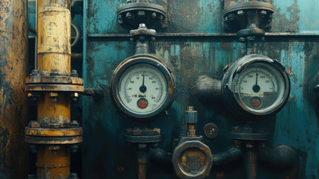 Close-up view of industrial gauges and pipes, showcasing precision instruments for measuring and monitoring pressure in a factory environment.の素材
