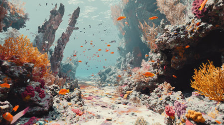 Explore a breathtaking underwater scene showcasing a vibrant coral reef adorned with diverse marine life. Discover the beauty and tranquility of ocean ecosystems.の素材