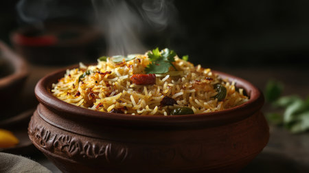 A steaming bowl of aromatic biryani served in a traditional clay pot. The dish features a blend of fragrant spices, tender rice, and fresh herbs, capturing the essence of Indian cuisine.の素材