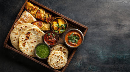 A vibrant Indian cuisine platter featuring assorted dishes, rotis, and colorful garnishes. Perfect for showcasing the richness of flavors and cultural heritage.の素材