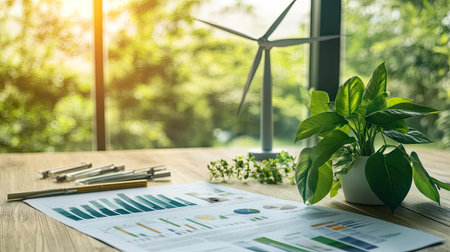 A serene office scene featuring business analysis reports, a wind turbine model, and a vibrant plant, emphasizing sustainability and data-driven decisions in a workspace.の素材
