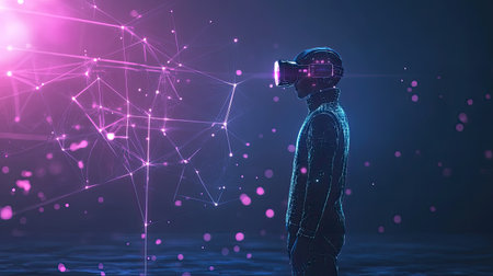 A futuristic individual wearing a virtual reality headset stands in a dark environment surrounded by vibrant light effects, representing the intersection of technology and imagination.の素材
