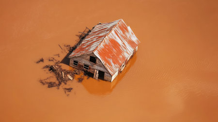 An abandoned house stands partially submerged in brown flood waters, creating a stark scene that evokes feelings of loss and environmental change.の素材