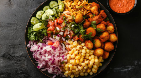 A vibrant plate filled with fresh vegetables, snacks, and a chutney dip showcases a variety of textures and colors, perfect for a healthy party meal.の素材