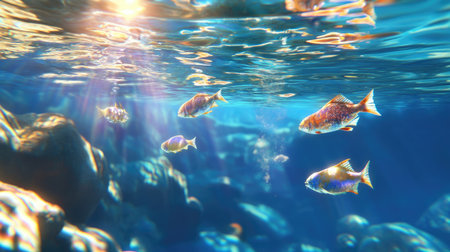 Discover a stunning underwater scene featuring colorful fish swimming amidst clear waters. Sunlight filters through, creating a tranquil and vibrant atmosphere.の素材