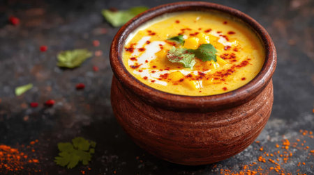 A delightful yogurt dish served in a rustic earthen pot, featuring vibrant spices and fresh herbs, perfect for showcasing traditional culinary artistry and flavor.の素材