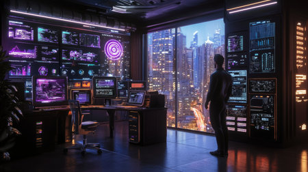 A modern office setup featuring multiple screens displaying data visualizations, with a stunning city skyline view at night. The scene captures innovation.の素材
