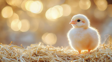 A cute yellow chick sits comfortably on straw, surrounded by a soft blurry background. This charming image captures the essence of innocence and warmth in nature.の素材