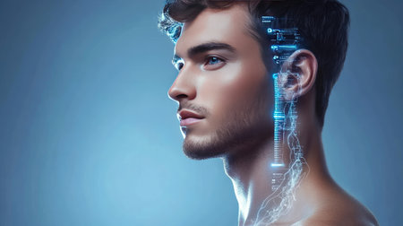 Stunning male portrait showcasing a blend of humanity and futuristic technology. The profile view highlights a seamless integration of digital elements, symbolizing innovation.の素材