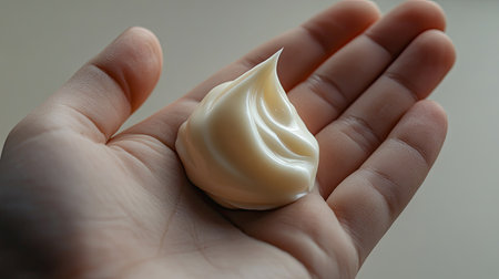 A hand holds a dollop of creamy texture, showcasing its soft and smooth appearance. Perfect for beauty and skincare themes, emphasizing hydration and freshness.の素材