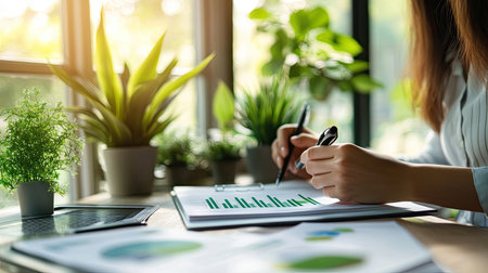 A business professional analyzes growth data with charts and graphs in a bright workspace filled with green plants, combining productivity and natural elements.の素材